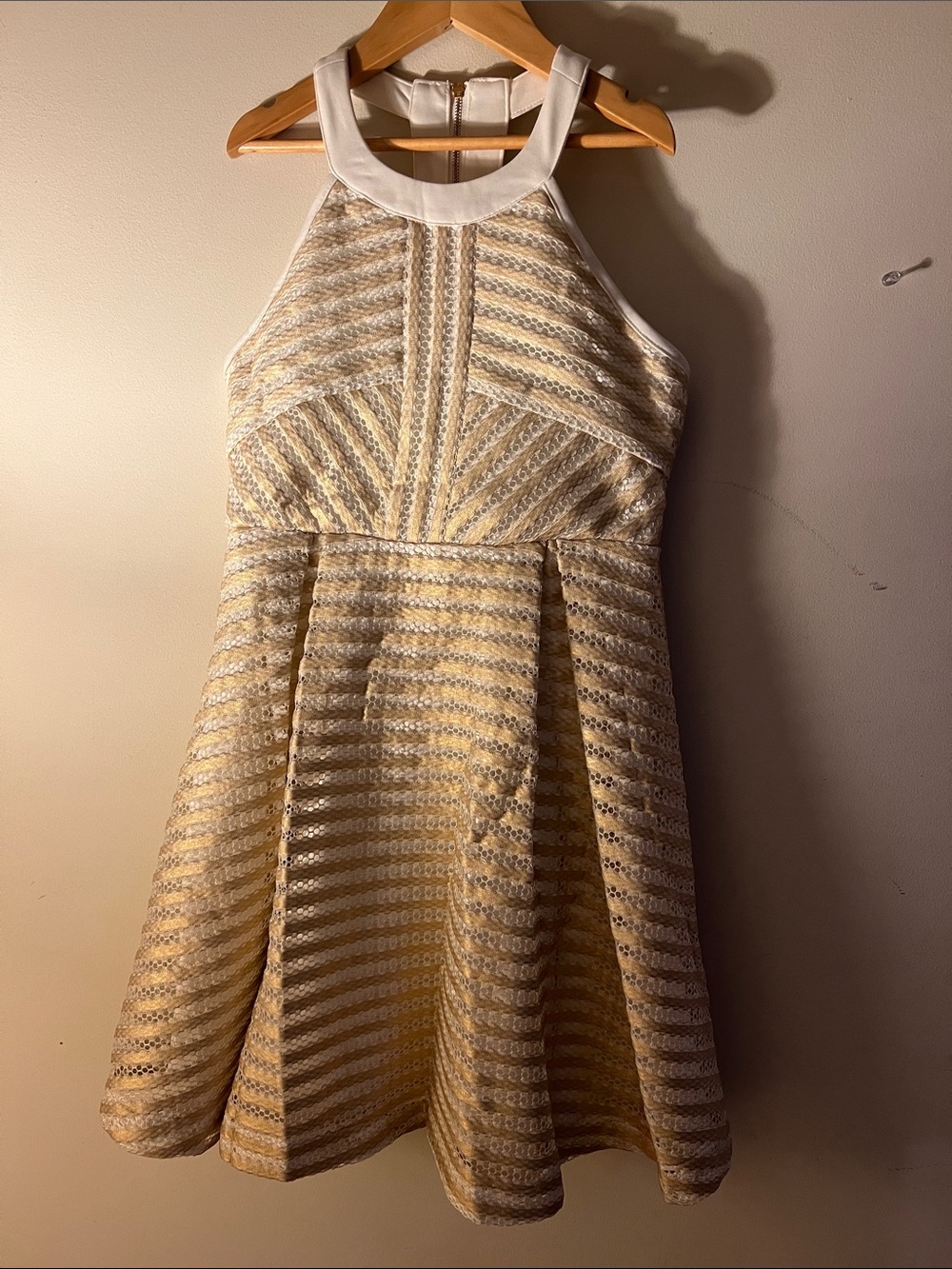Bardot Cream and Gold Textured Halter Fit-and-Flare Mini Dress